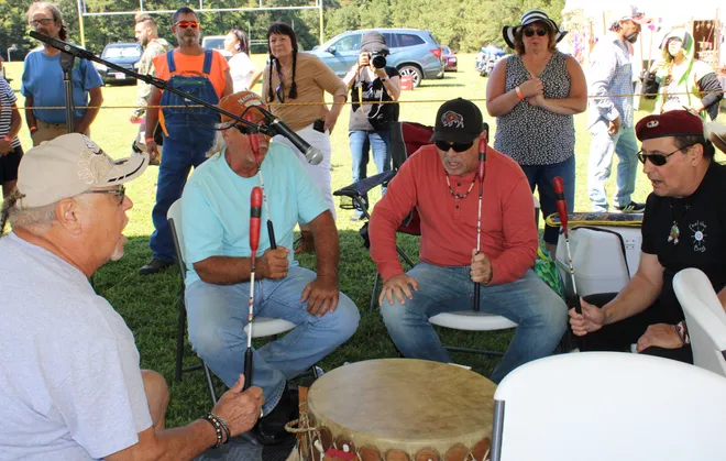 Native Americans drum at the Nottoway Indian Tribe of Virginia 2023 Powwow in Surry
