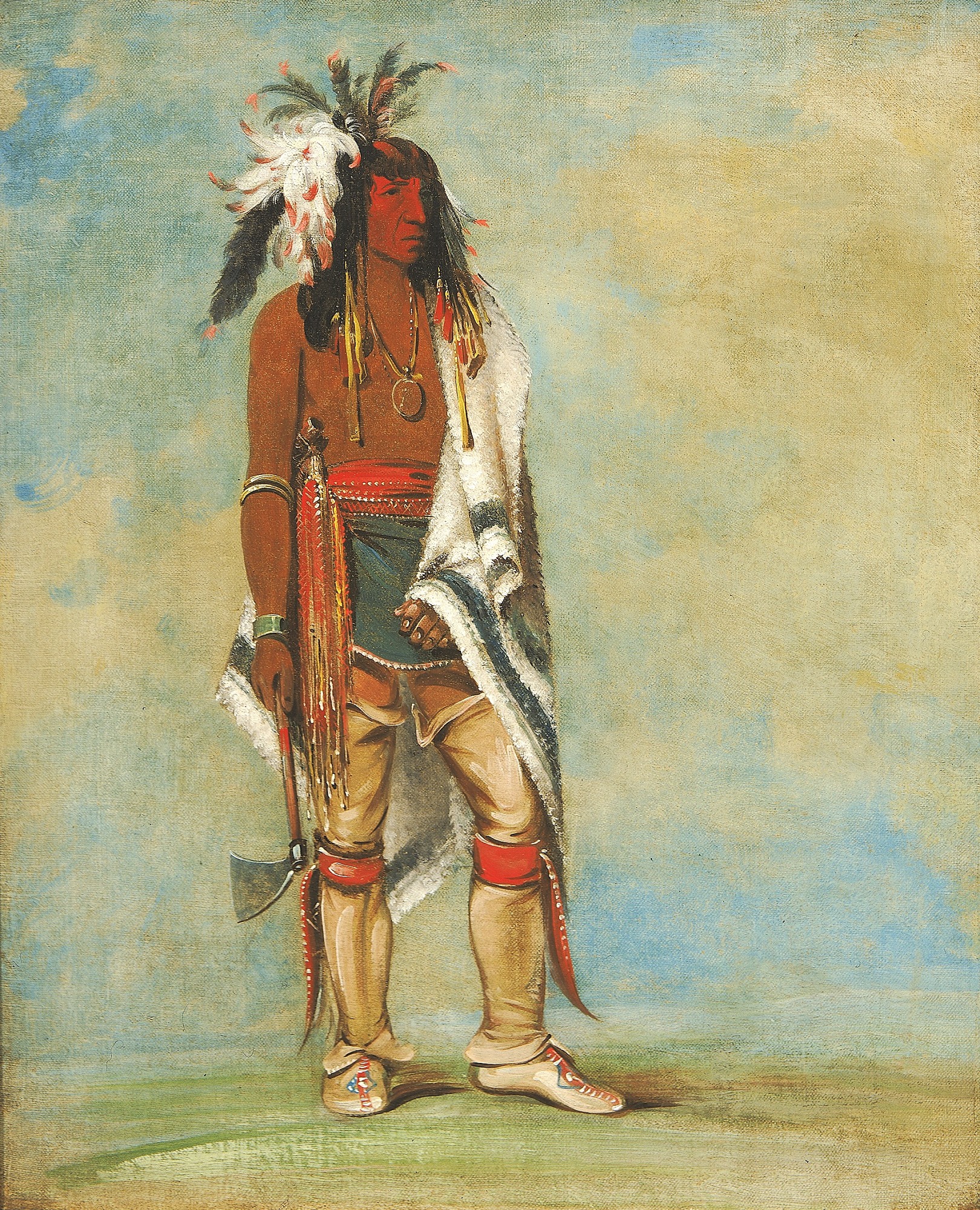 Painted portrait of a man wearing an elaborate feathered headdress and a white robe, holding a tomahawk