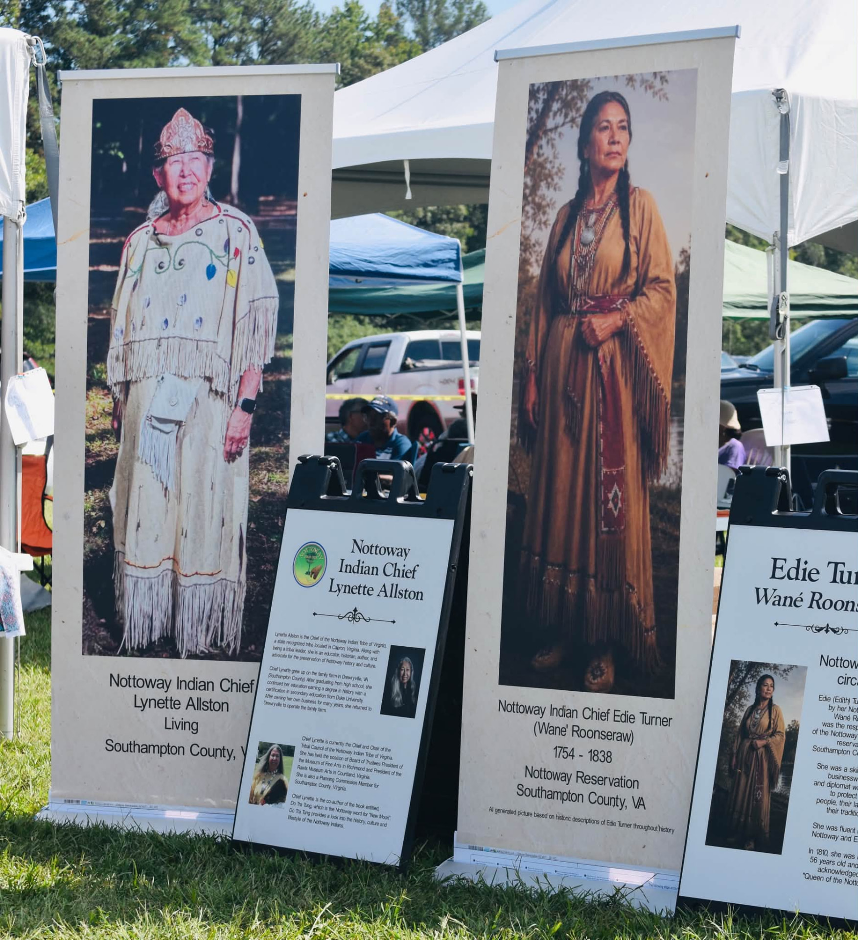 Display banners of Nottoway Indian Chief Lynette Allston and Nottoway Indian Chief Edie Turner (Wane' Roonseraw) at the powwow